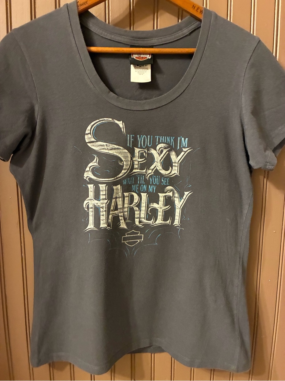 Harley-Davidson Gray Graphic 'Sexy Harley' Tee with Cream & Light Blue Print